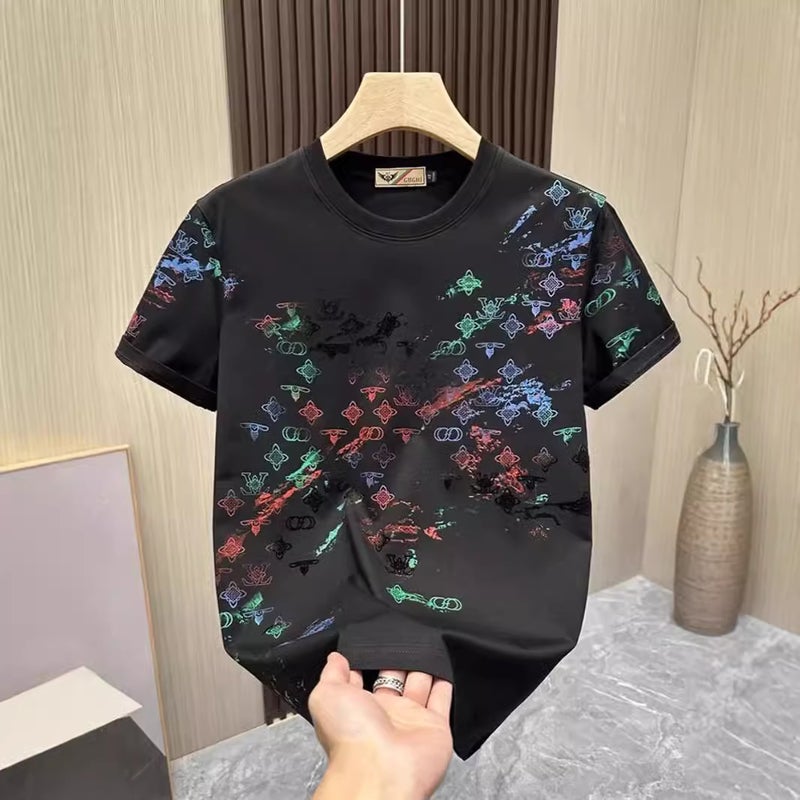 2024 Summer European Station Fashion Brand Internet Celebrity Printed Short-Sleeved T-Shirt Men'S Fashion Slim-Fit All-Match Handsome Round Neck T Thin Fashion - Image 1